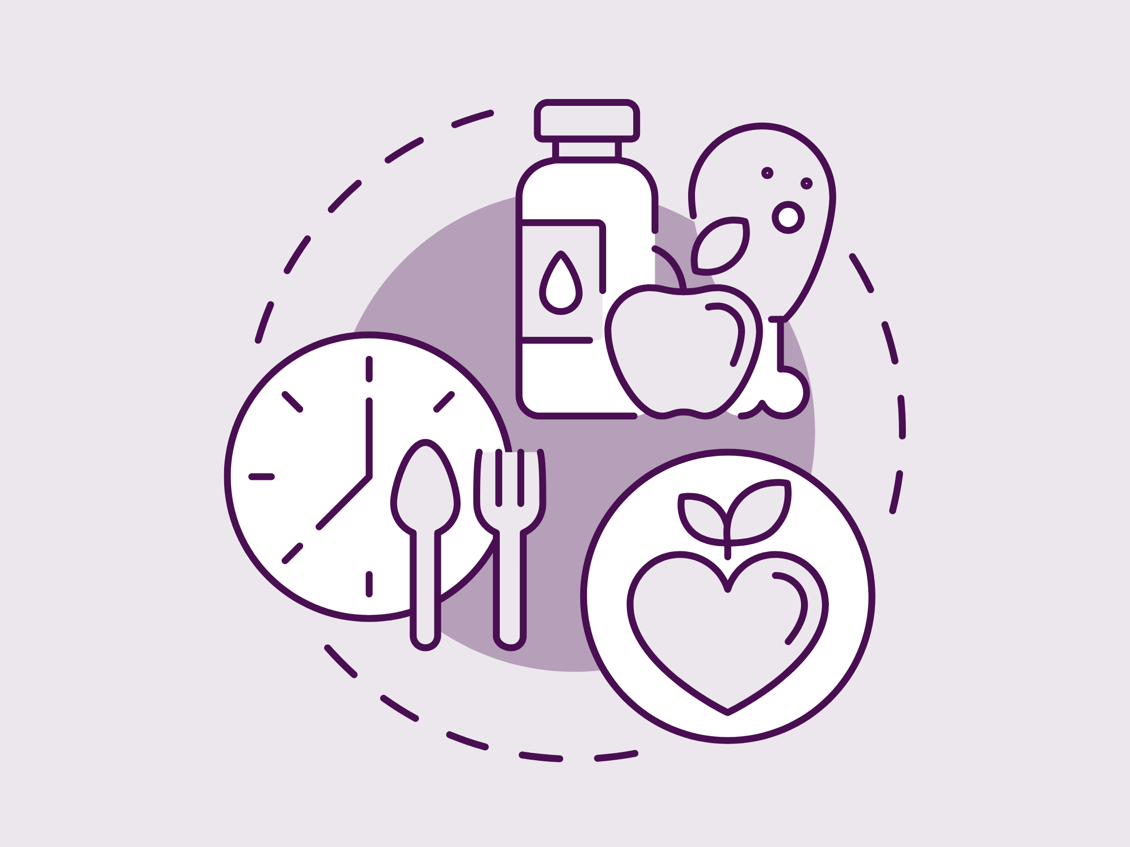 Circular icons of a clock, healthy food, and a heart-shaped plate.