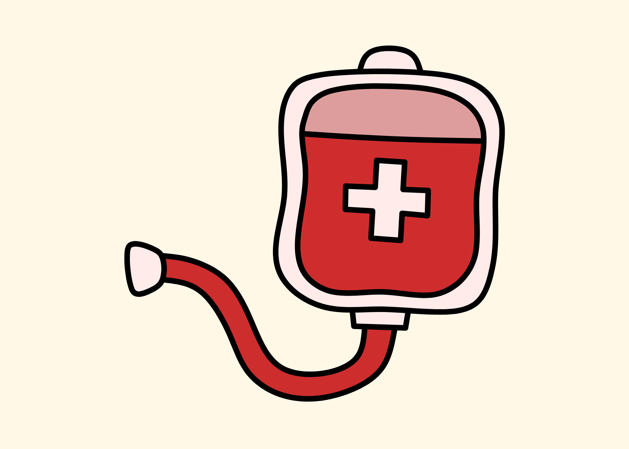 Cartoon of a medical blood bag with a red cross and IV tubing.