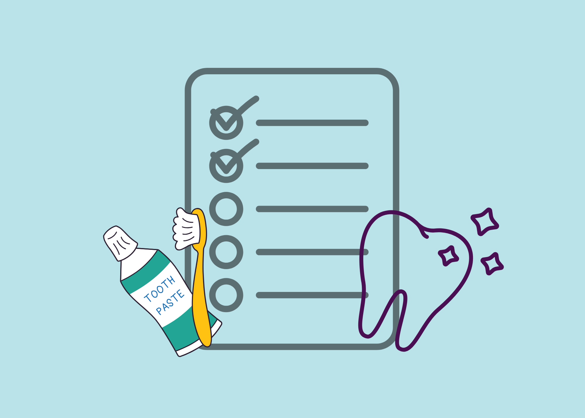 A medical checklist next to toothpaste, a toothbrush, and a tooth.