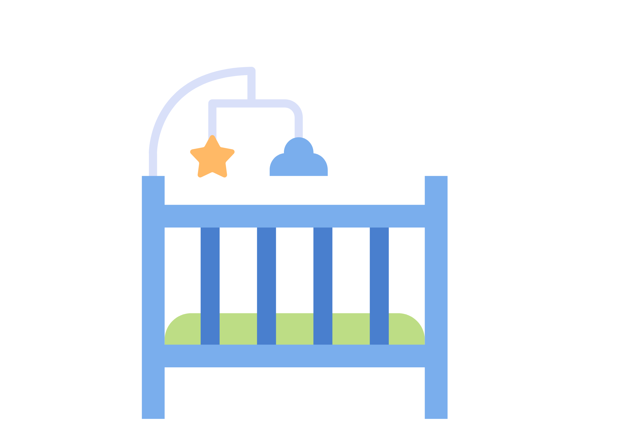 A blue baby crib with a green mattress and a hanging star mobile.