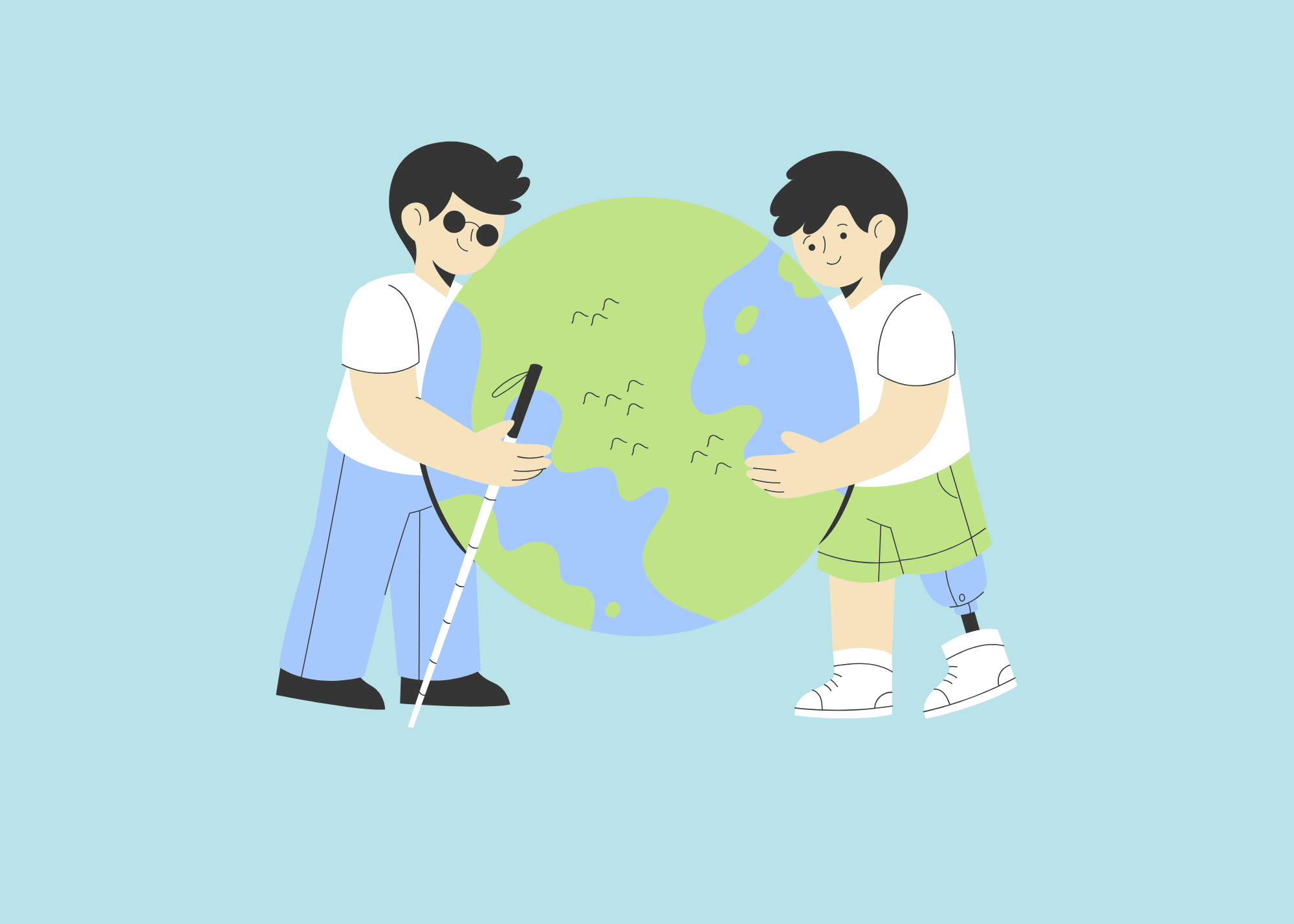 Two boys with disabilities holding and caring for a globe.