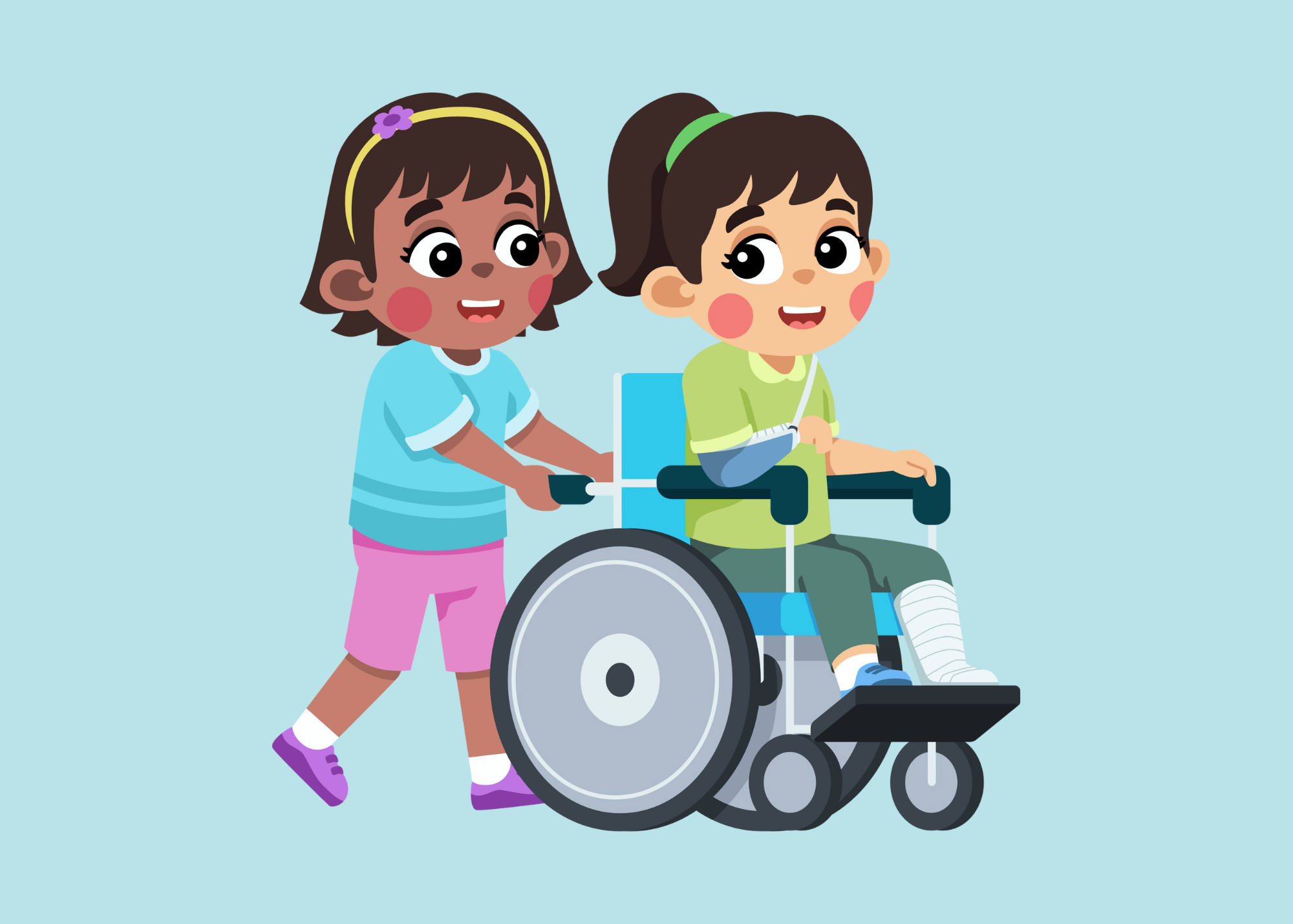 Illustration of a young girl pushing another girl in a wheelchair.