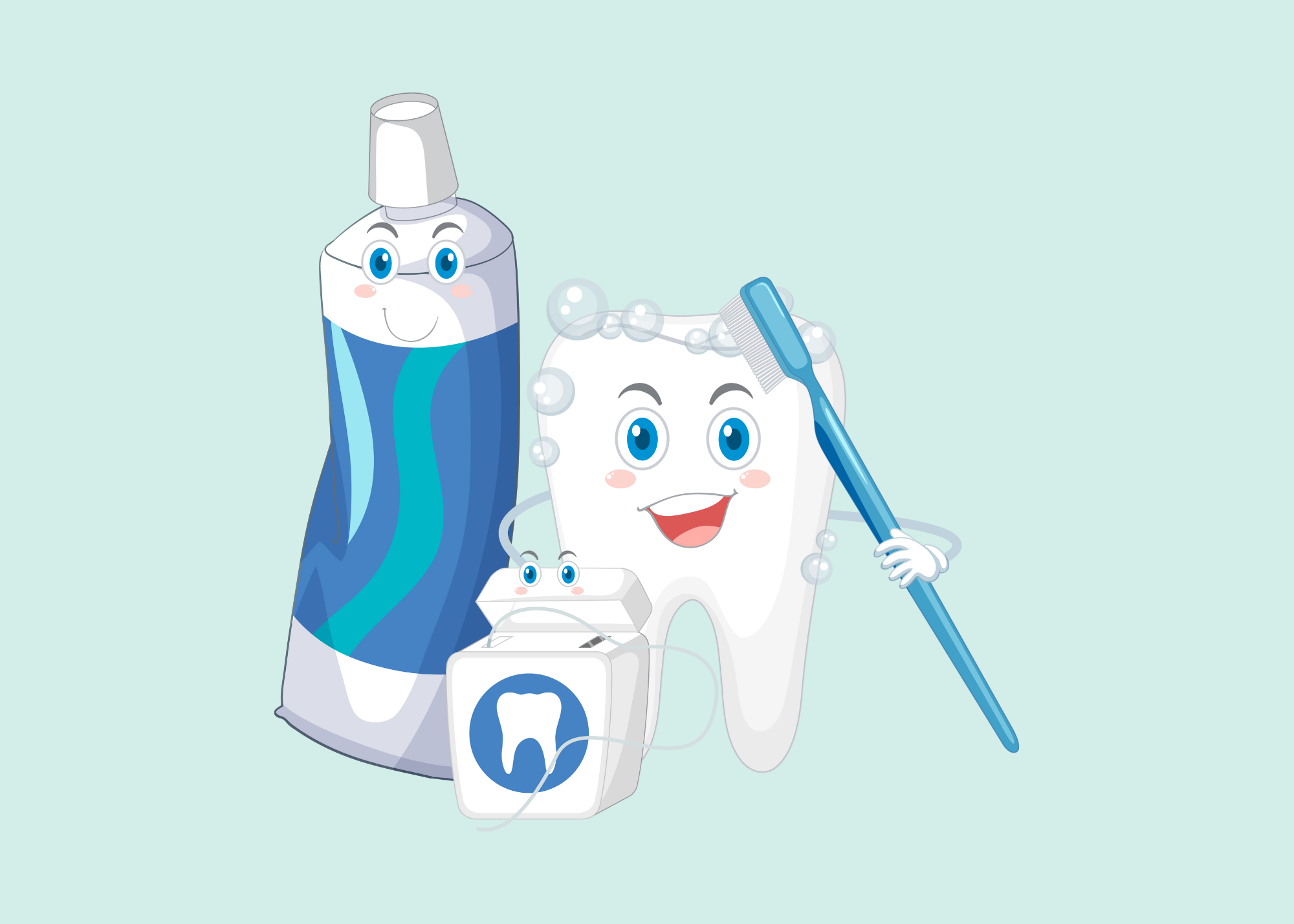 Cartoon tooth character with a toothbrush, toothpaste, and dental floss.