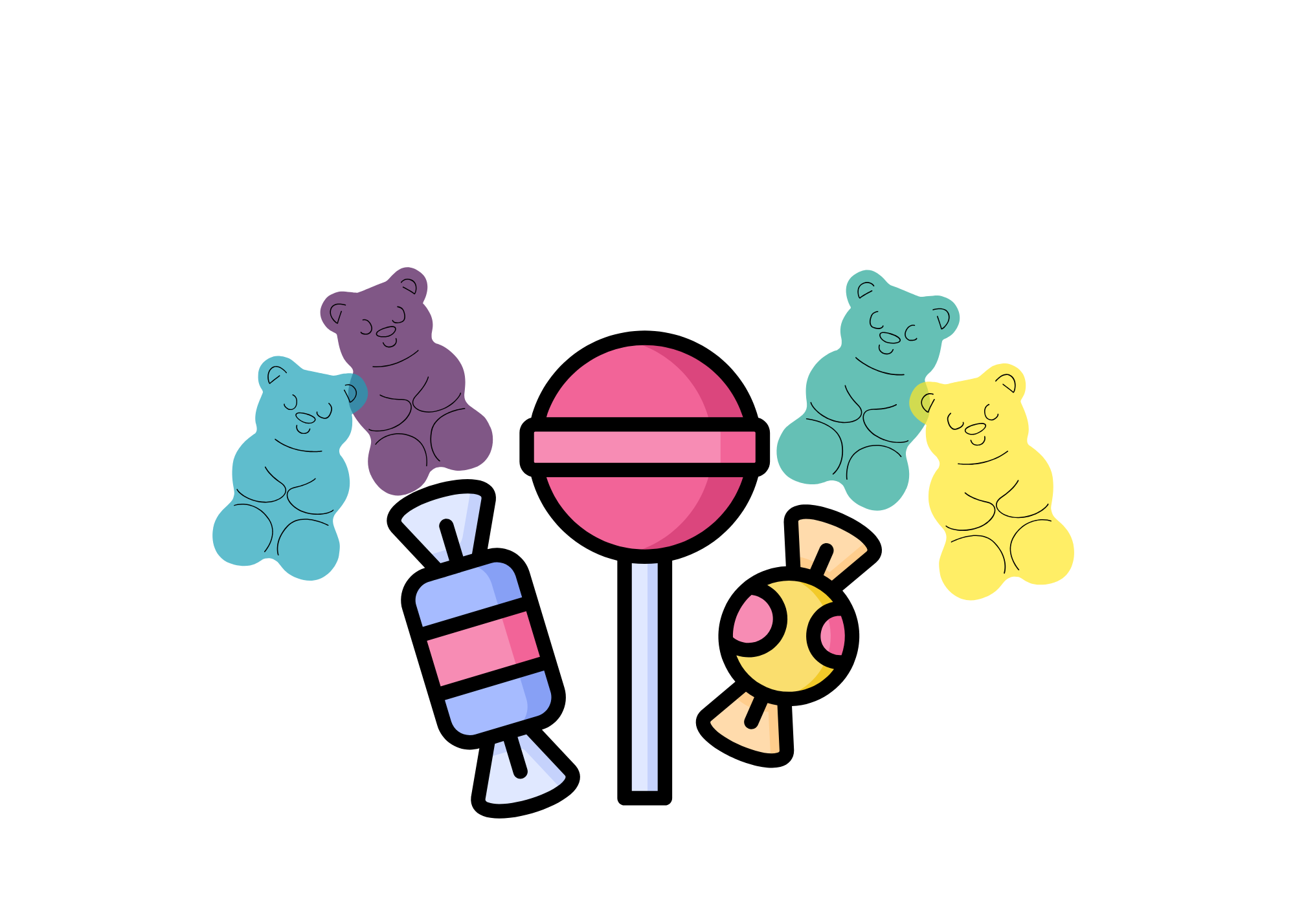 Cartoon illustration of gummy bears, a lollipop, and wrapped hard candies.