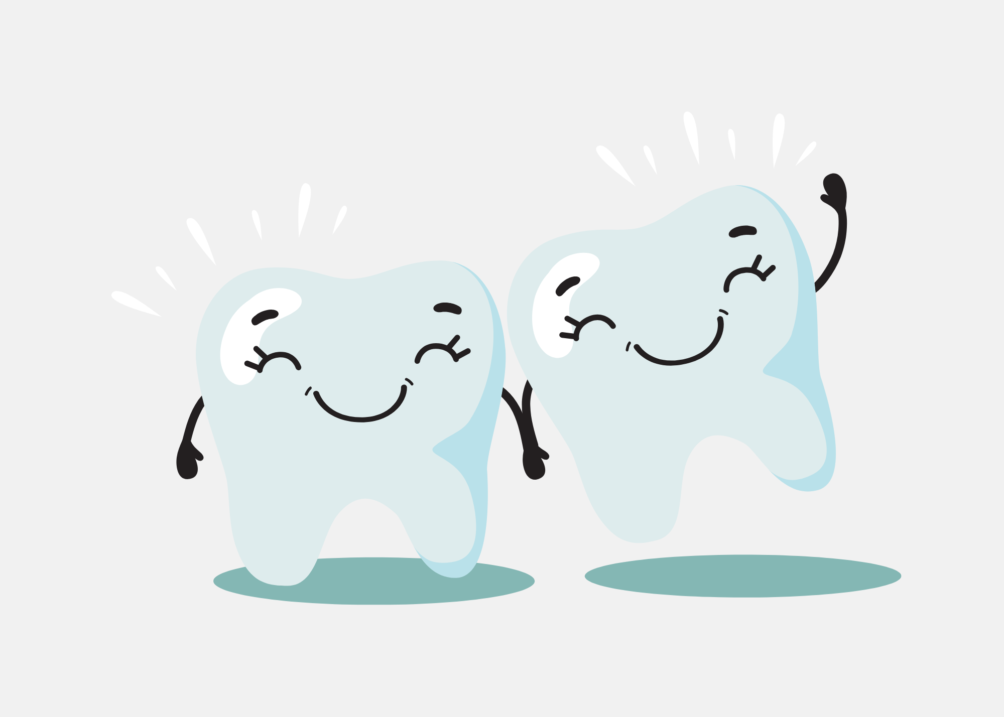 Two cheerful, shiny cartoon teeth holding hands and smiling.