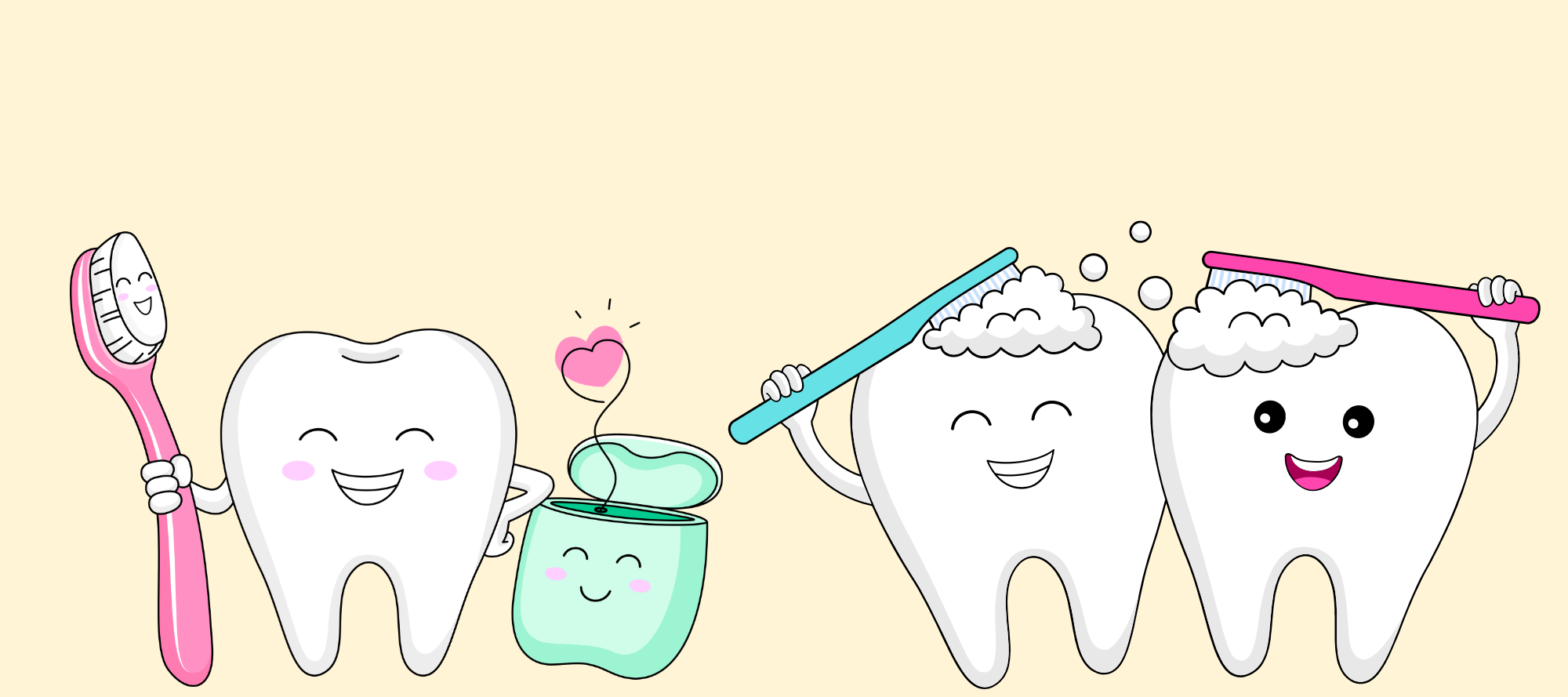 Happy cartoon teeth holding a toothbrush and dental floss.