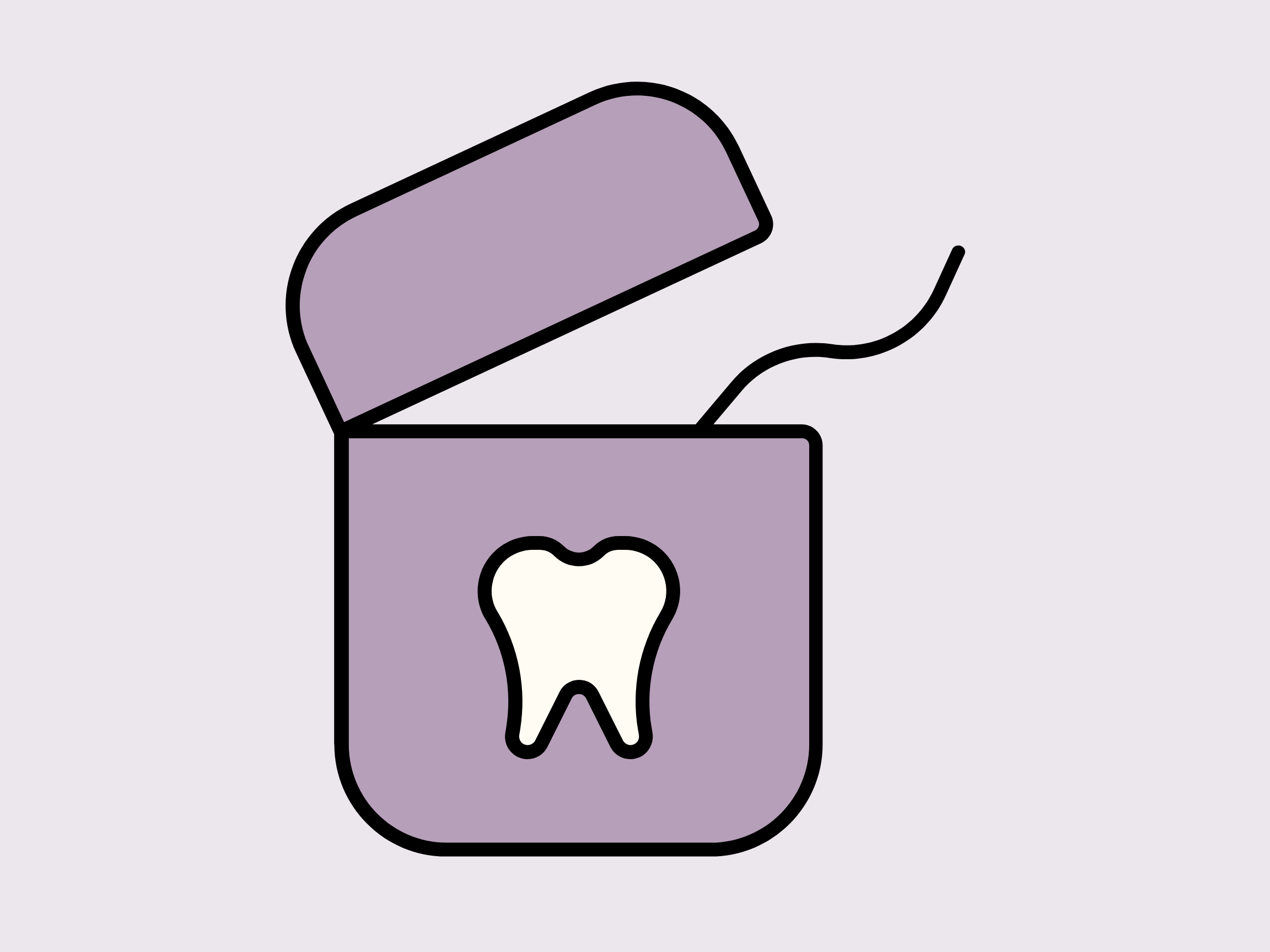 Purple dental floss container with a tooth icon and a strand of floss.