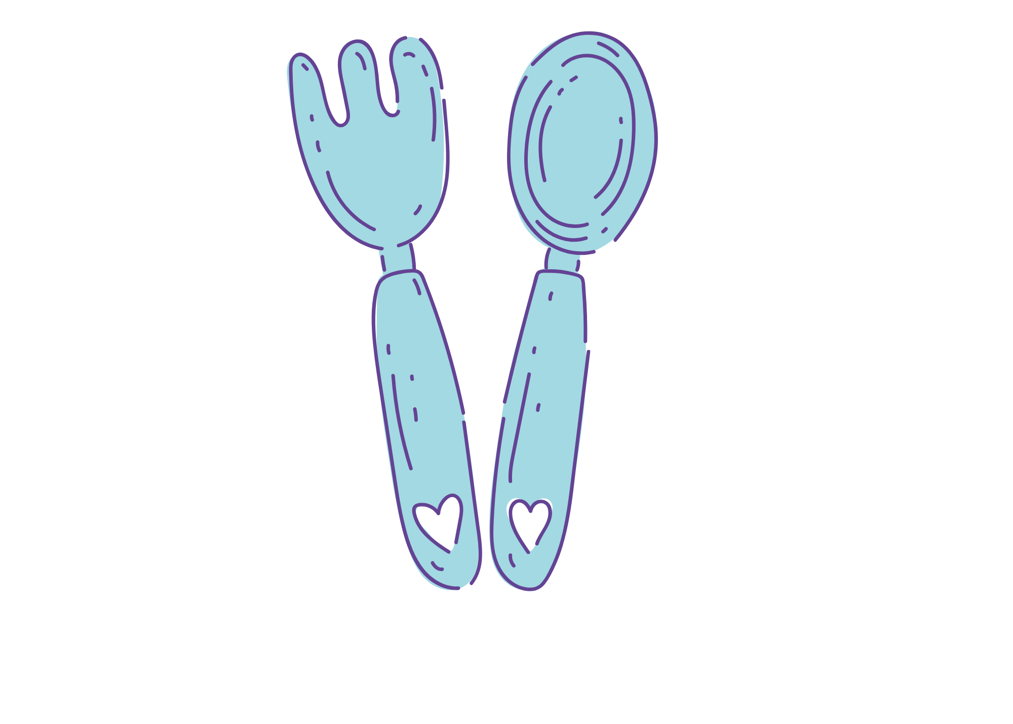 Blue cartoon fork and spoon set with hearts on the handles.