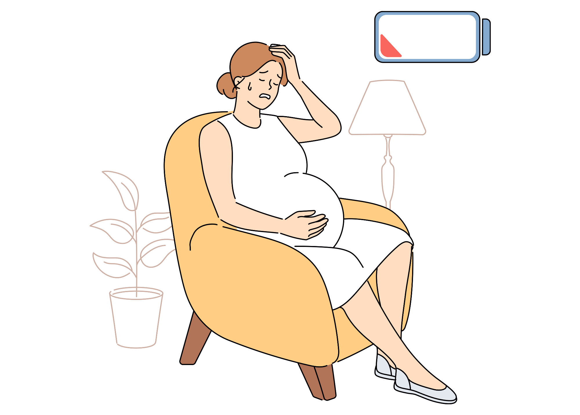 Pregnant woman sitting in a chair looking tired, with a low battery icon above her