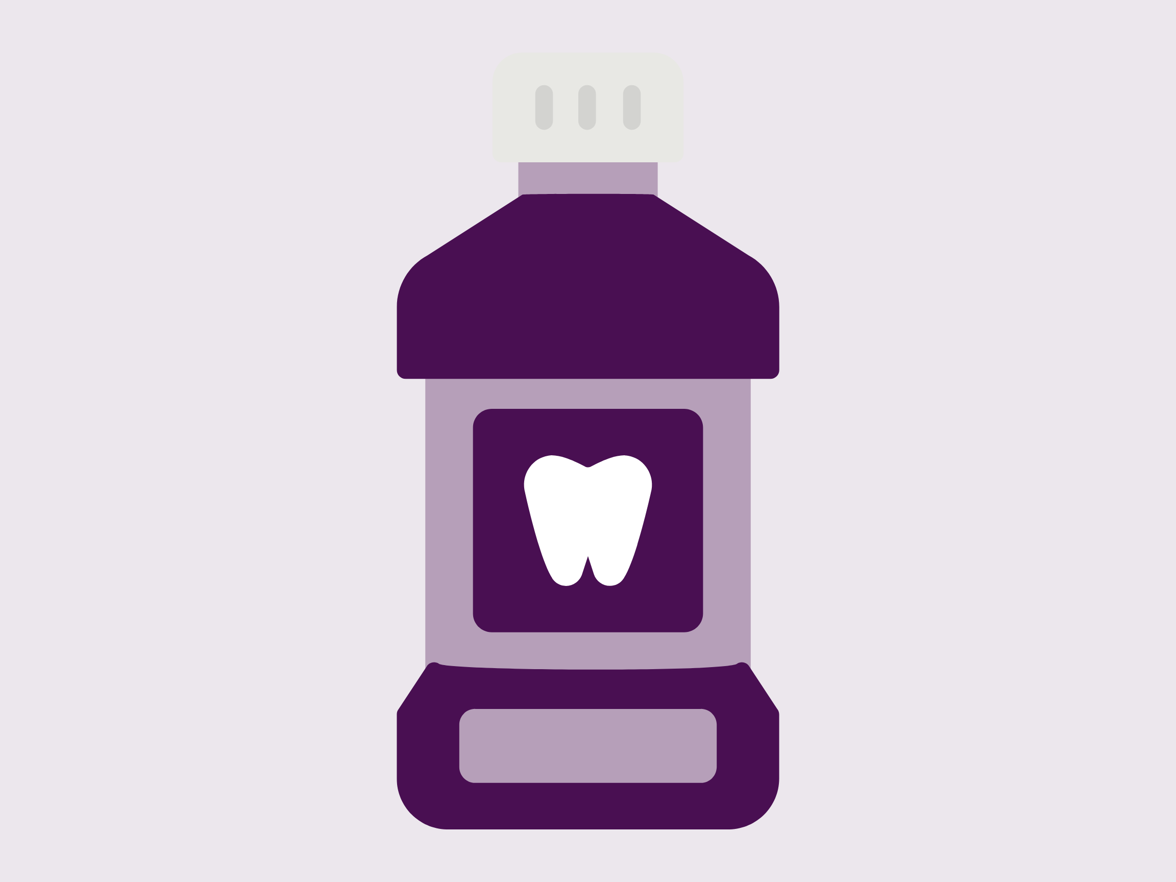 Purple mouthwash bottle with a white tooth icon on the label.