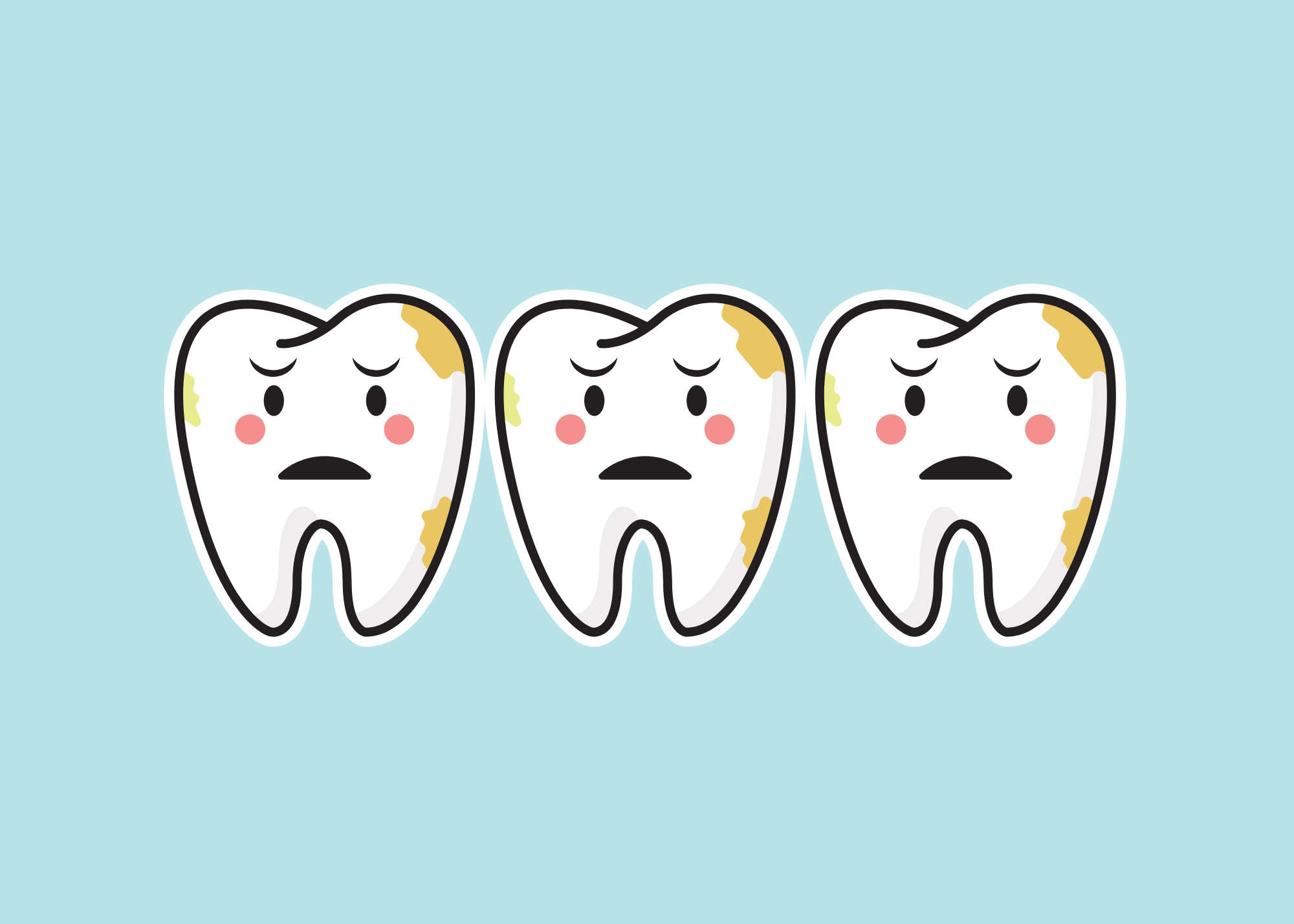 Cartoon illustration of three sad-faced teeth with yellow decay spots.