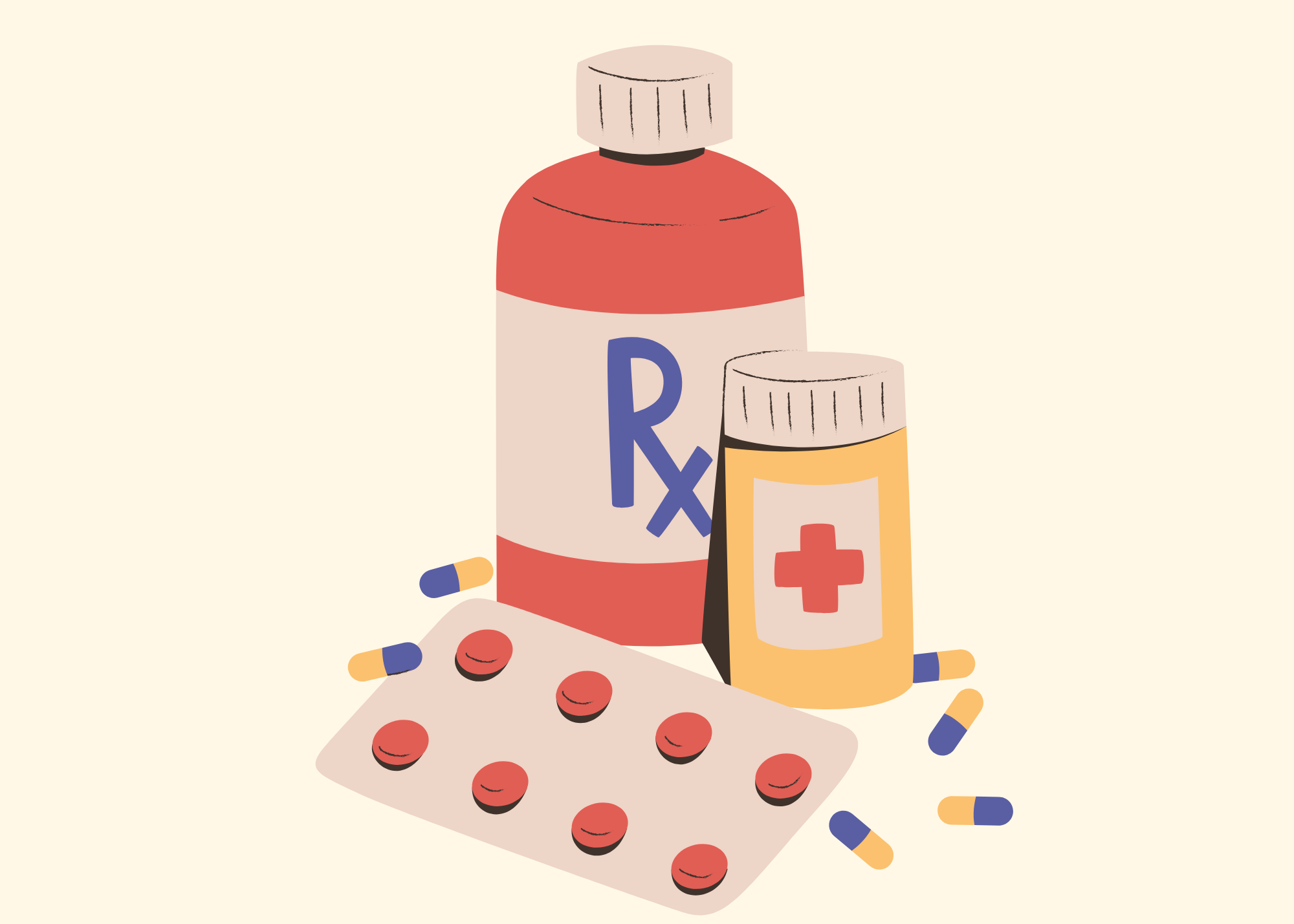 Illustration of various prescription medicine bottles, pills, and a blister pack.