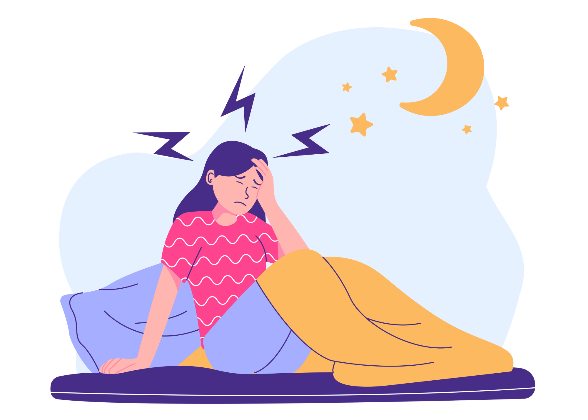 Person in bed at night holding their head, showing difficulty sleeping