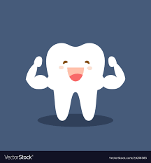 A happy, cartoon tooth flexing muscular arms.