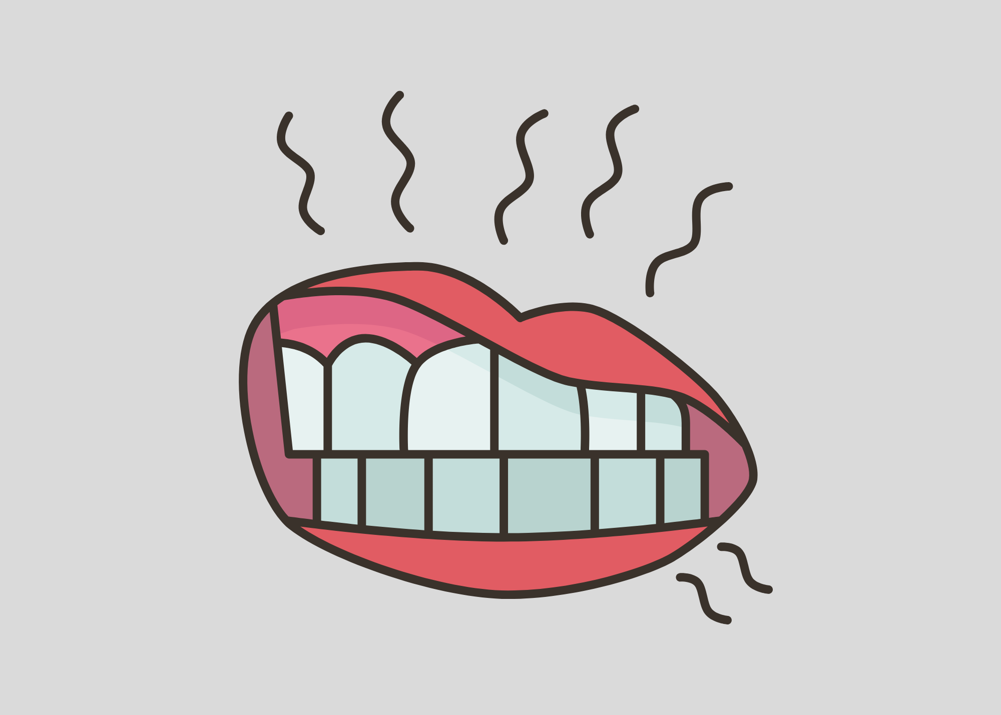 Illustration of a mouth with teeth bared and wavy lines indicating grinding.